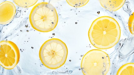 Lemon slices floating in the crystal clear water. Refreshment concept. AI generated image.