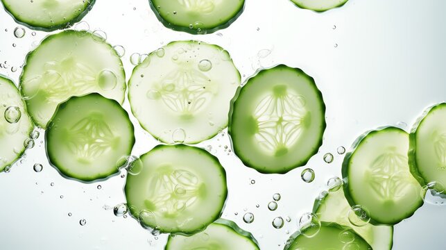 Cucumber slices floating in the crystal clear water. AI generated image.