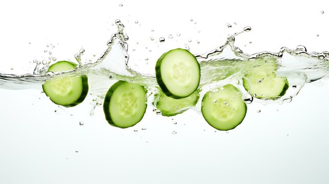 Cucumber slices floating in the crystal clear water. AI generated image.