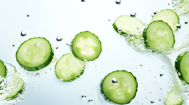 Cucumber slices floating in the crystal clear water. AI generated image.