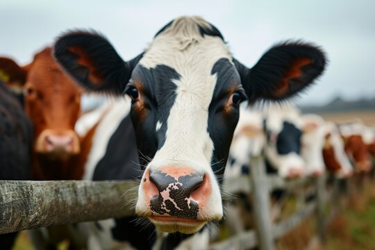 Close up cow peering over a fence with curiosity