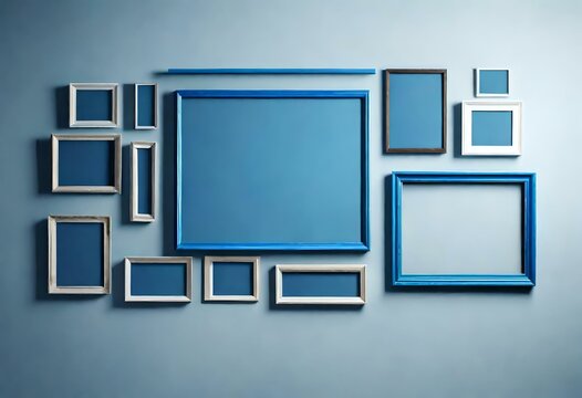multiple blue frames on wall