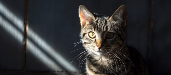 A carnivorous small to medium-sized cat from the Felidae family, with whiskers, fur, sitting in darkness, staring at the camera.