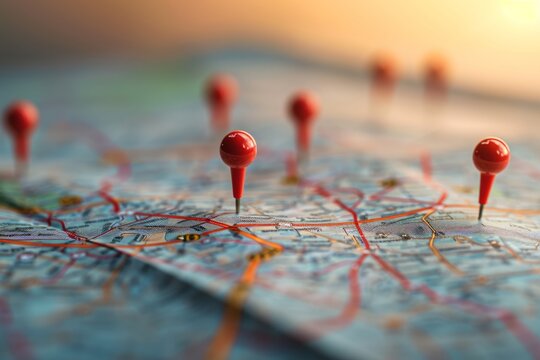 Exploring city routes with red pins Adventure discovery navigation communication logistics geography transport and travel
