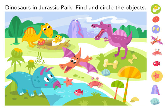 Find hidden objects in picture. Educational puzzle game for kids. Cute flat simple dinosaurs in Jurassic Park. Vector colour illustration. Cartoon scene for design. Prehistoric forest.