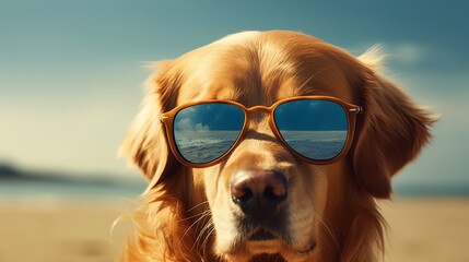 Summer vacation concept, a cool dog in sunglasses enjoying summer vacation