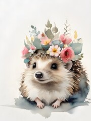 Cute little hedgehog wearing a floral crown on its head. Watercolor illustration for design, greeting card, template, artwork, wallpaper, wall art