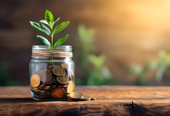 a plant growing in a glass jar filled with coins on a wooden table, symbolizing the concepts of saving money, investment growing money, and the idea of financial growth.