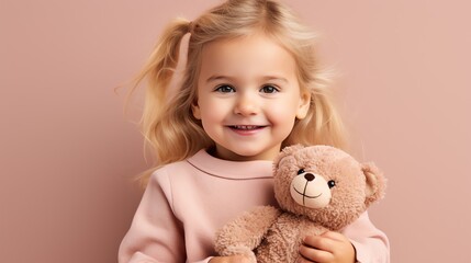 Studio portrait of a toddler girl with teddy bear. Advertising concept. AI generated image.