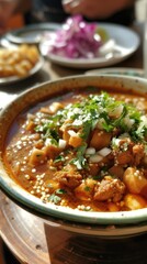 Pozole. Mexican food. Vertical background 