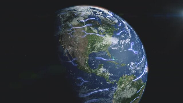 Satellite view of planet earth with schematic image of digital information highways. 3D realistic animation of universe