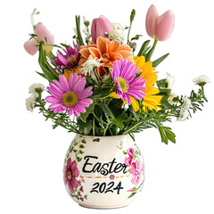 A Ceramic Easter Egg. Shaped Vase for Fresh Flowers With the Text Easter 2024. Isolated on a Transparent Background. Cutout PNG.