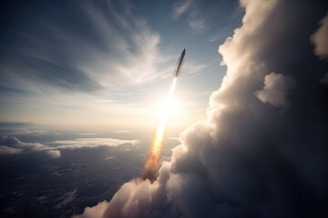 conceptual shot of a futuristic rocket launch from space - obrazy, fototapety, plakaty