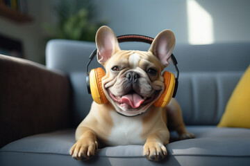 Happy dog in headphones with open mouth listening to music at home on the bed. Funny meme