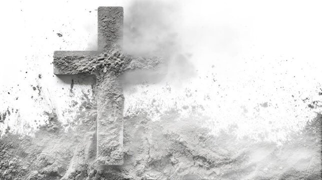 Ashes crucifix cross on white background. Ash Wednesday. Funeral, cremation, liturgy, religious ceremony concept