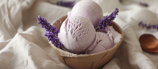 A delightful dessert made with soy ice cream, topped with purple flowers, creating a visually stunning bowl of purple goodness.