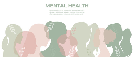 Banner about mental health.Vector illustration with people silhouettes.
