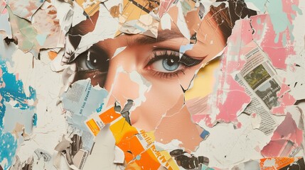 Artistic collage featuring a detailed woman's eye amidst vibrant torn magazine pieces, creating a colorful and textured backdrop.
