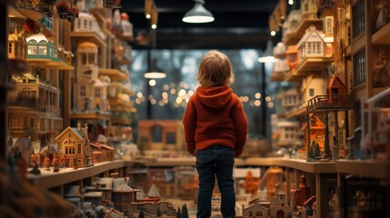 A child in a red hoodie stands enchanted by a whimsical display of detailed dollhouses in a warmly lit toy store.