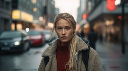 Fototapeta premium A woman standing in the middle of a city street. Generative AI.