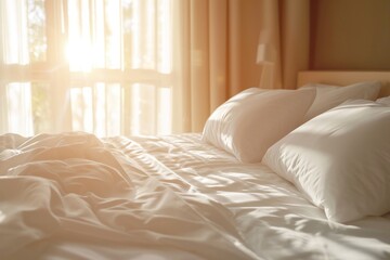 A photo of a bed with green and white linen pillows and a blanket in a sunny bedroom A black side table with vases and flowers is nearby