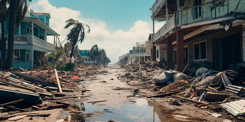 coastal town battered by the relentless force of a powerful hurricane, highlighting the impacts of extreme weather events. Generative AI - obrazy, fototapety, plakaty