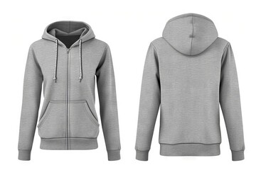 Gray female hoodie sweatshirt with zipper and long sleeve isolated on white background Template for print design showing front and back view - Powered by Adobe