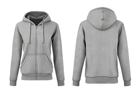 Gray female hoodie sweatshirt with zipper and long sleeve isolated on white background Template for print design showing front and back view