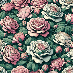 Illustration of floral pattern with roses in soft pink tones. Detailed, graphic style