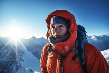A mountaineer girl in a hoodie with a backpack in winter in the mountains wearing ski goggles. - obrazy, fototapety, plakaty