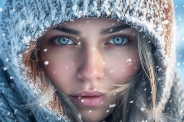 Portrait, Blonde-haired girl with blue eyes in a hooded winter with snow.