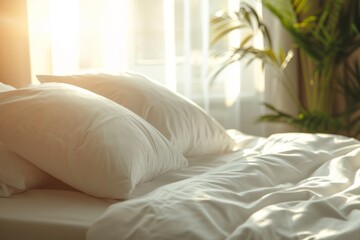 Close up shot of a beautifully arranged bed with clean white pillows and sheets in a sunlit room featuring lens flare - obrazy, fototapety, plakaty