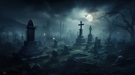 A graveyard at night shrouded in thick foggy haze.