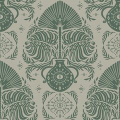 Seamless green Damask pattern on a beige background. Floral abstract repeat monochrome background.