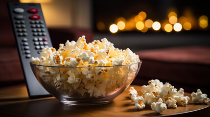 Close up of bowl of popcorn and remote control with tv works on background. Evening cozy watching a movie or TV series at home. - 731553149