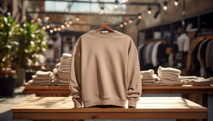 Sweatshirt mockup. Beige pullover mock-up on clothes shop market background. Blank template cardigan front view. Casual comfort clothing. Activewear long sleeve hoodie shirt. Banner copy space.