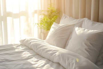 Bed made with clean white linens in a sunlit room