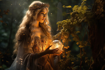 horizontal image of a fairy lady in a forest holding a magic lightened crystal sphere Generative AI - obrazy, fototapety, plakaty