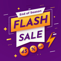 Naklejka na ściany i meble Flash Sale banner in Purple Background with up to 45% off. End of Season. Discount 45%. Flash Sale Banner with Thunder Bolt Icon.