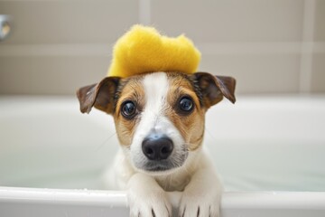 Dog with squeaker on head and sponge in mouth sitting in bathtub