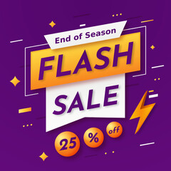 Flash Sale banner in Purple Background with up to 25% off. End of Season. Discount 25%. Flash Sale Banner with Thunder Bolt Icon.