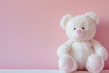 Emotive text space with a close up of a light pink table featuring a smiling white teddy bear in a pastel setting