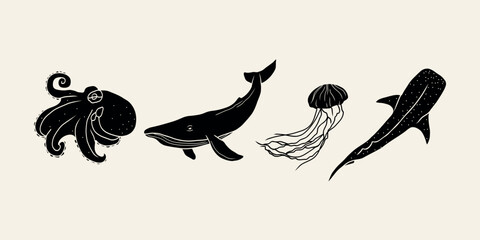 Set of flat vector marine animals © Maria