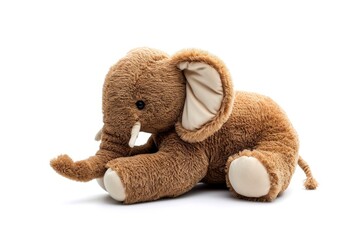 White background with a solitary plush elephant toy