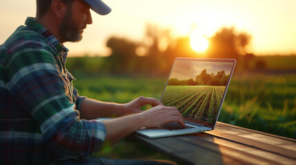 Utilization of Emerging Technologies in Agricultural Operations: A Farmer Employing a Laptop Amidst the Field
