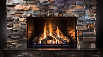 Bright living room interior with fireplace and basket of firewood