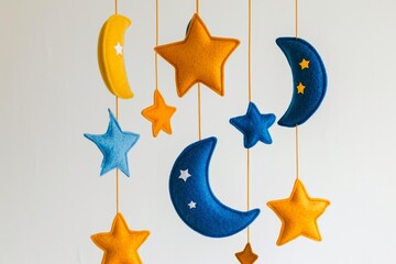 Handmade eco friendly children s mobile from felt featuring moon and star toys on a white background