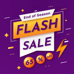 Naklejka na ściany i meble Flash Sale banner in Purple Background with up to 65% off. End of Season. Discount 65%. Flash Sale Banner with Thunder Bolt Icon.
