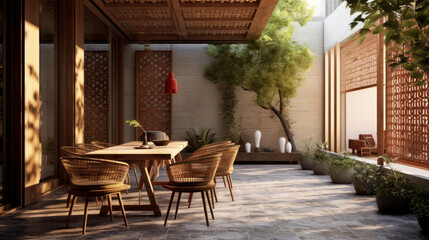 Obraz premium An open patio with a wooden table and large planters. Generative AI