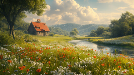 A tranquil countryside scene with rolling hills and fields of wildflowers swaying in the breeze. A rustic farmhouse sits at the edge of a meandering river, surrounded by lush greenery and chirping Bir - obrazy, fototapety, plakaty